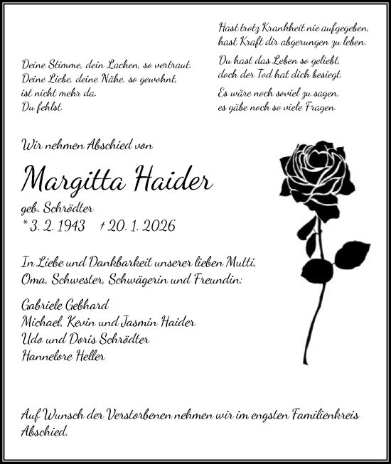 Traueranzeige von Margitta Haider von HNA