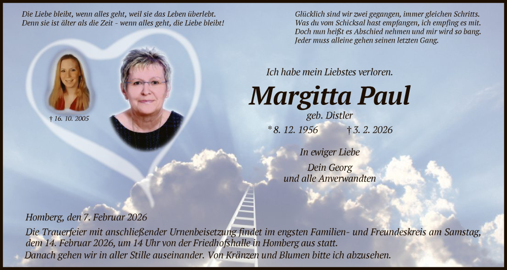  Traueranzeige für Margitta Paul vom 07.02.2026 aus HNA