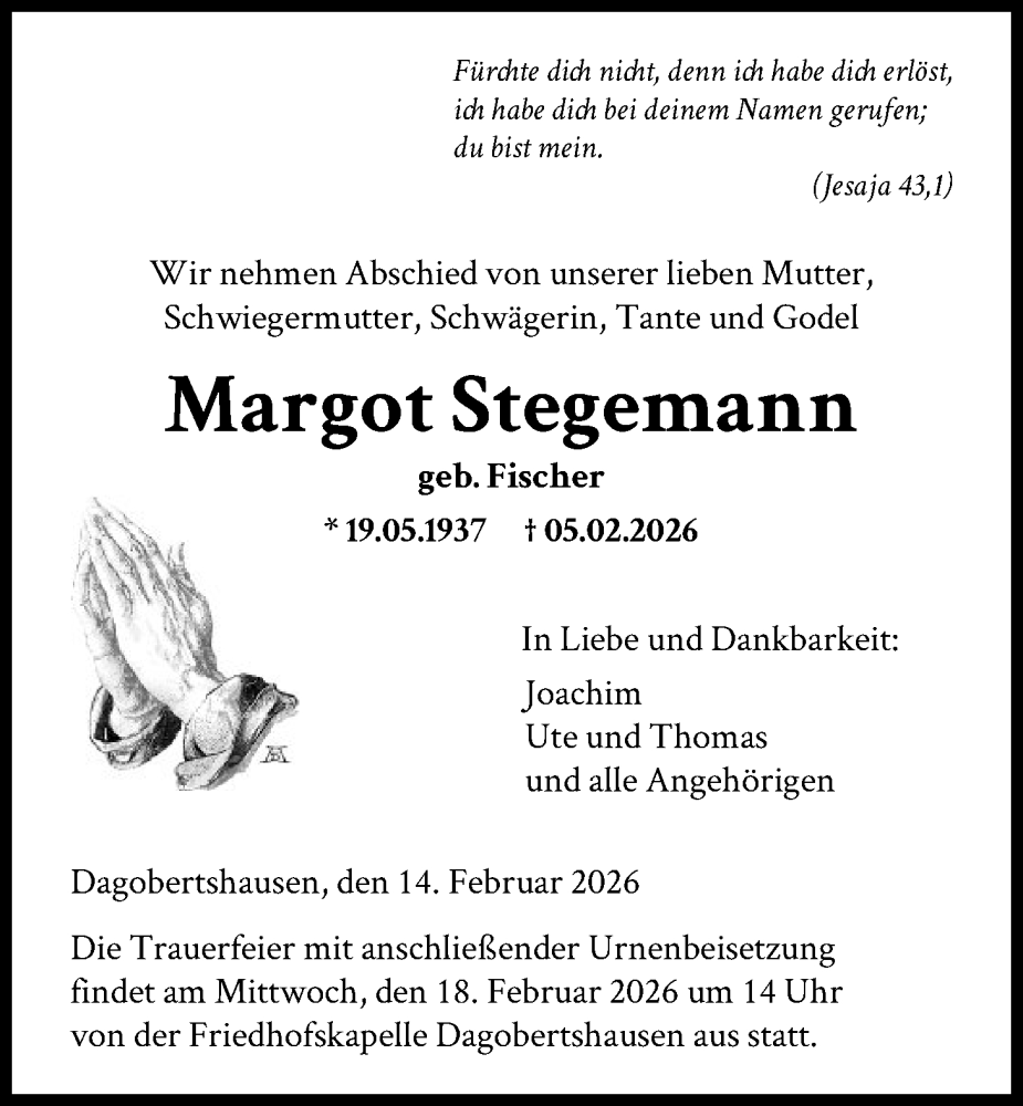  Traueranzeige für Margot Stegemann vom 14.02.2026 aus HNA