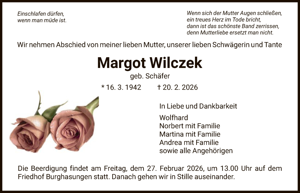  Traueranzeige für Margot Wilczek vom 25.02.2026 aus HNA