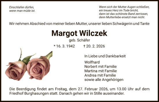 Traueranzeige von Margot Wilczek von HNA
