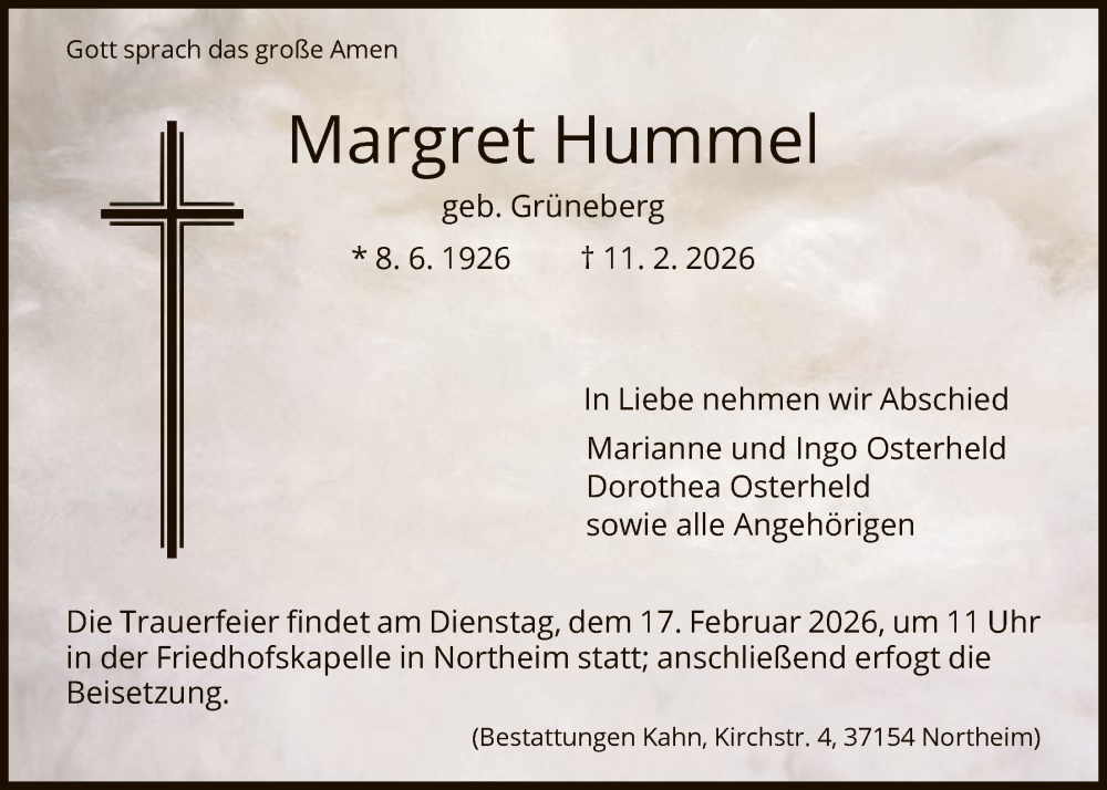  Traueranzeige für Margret Hummel vom 14.02.2026 aus HNA