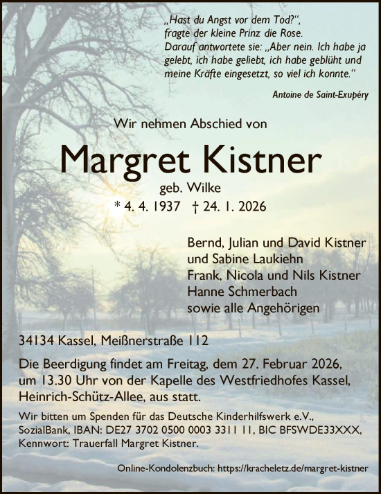 Traueranzeige von Margret Kistner von HNA