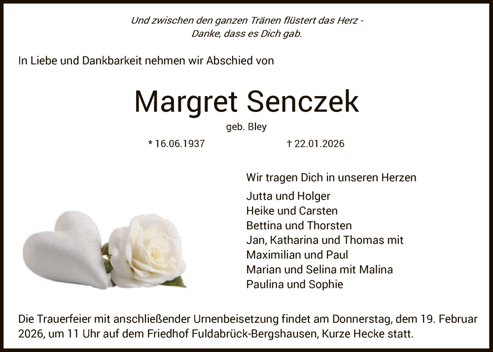  Traueranzeige für Margret Senczek vom 07.02.2026 aus HNA