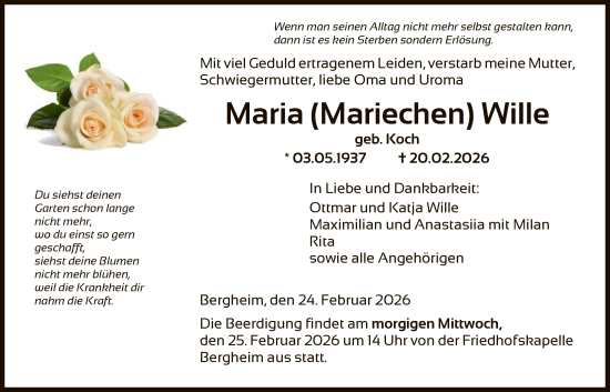 Traueranzeige von Maria Wille von HNA