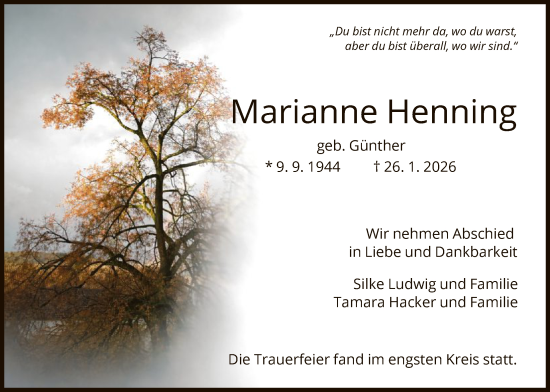 Traueranzeige von Marianne Henning von HNA