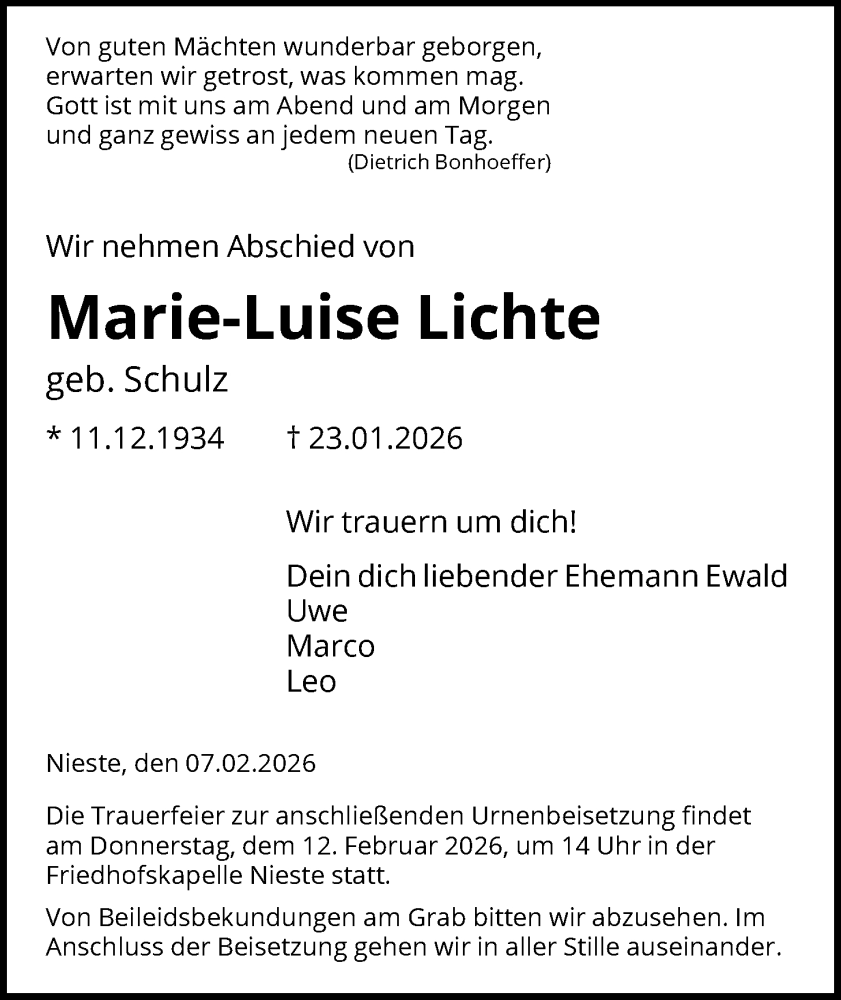  Traueranzeige für Marie-Luise Lichte vom 07.02.2026 aus HNAHNA