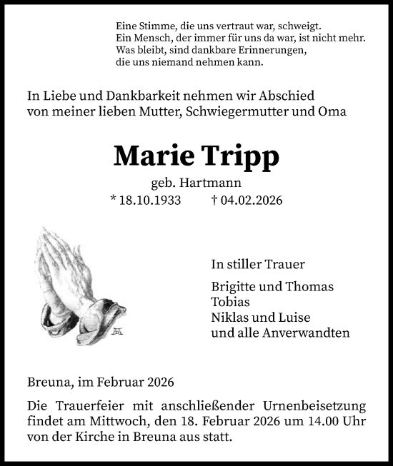 Traueranzeige von Marie Tripp von HNA