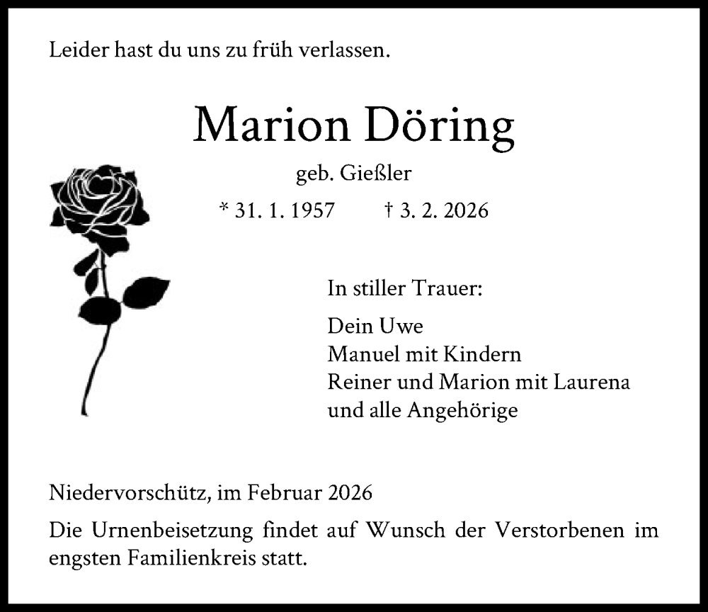  Traueranzeige für Marion Döring vom 14.02.2026 aus HNA