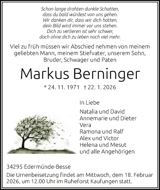 Traueranzeige von Markus Berninger von HNAHNA