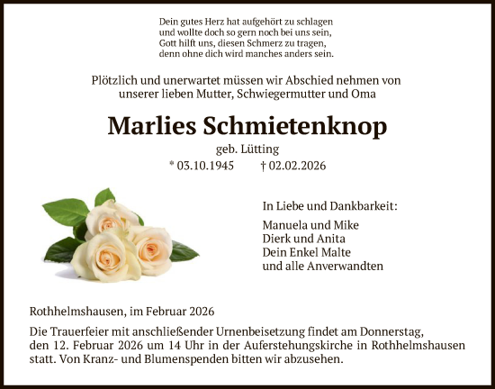 Traueranzeige von Marlies Schmietenknop von HNA