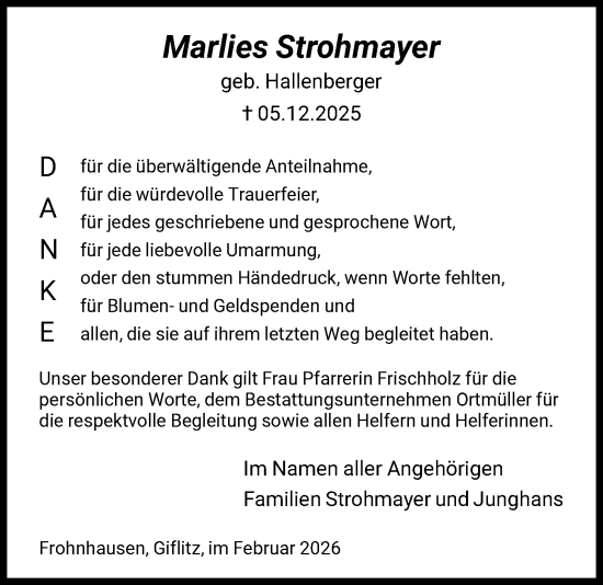 Traueranzeige von Marlies Strohmayer von HNA