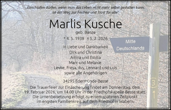 Traueranzeige von Marlis Kusche von HNA