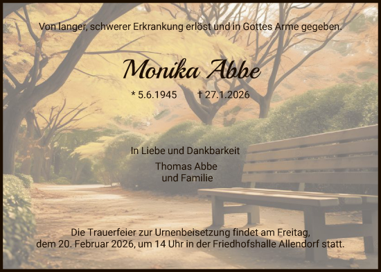 Traueranzeige von Monika Abbe von HNA