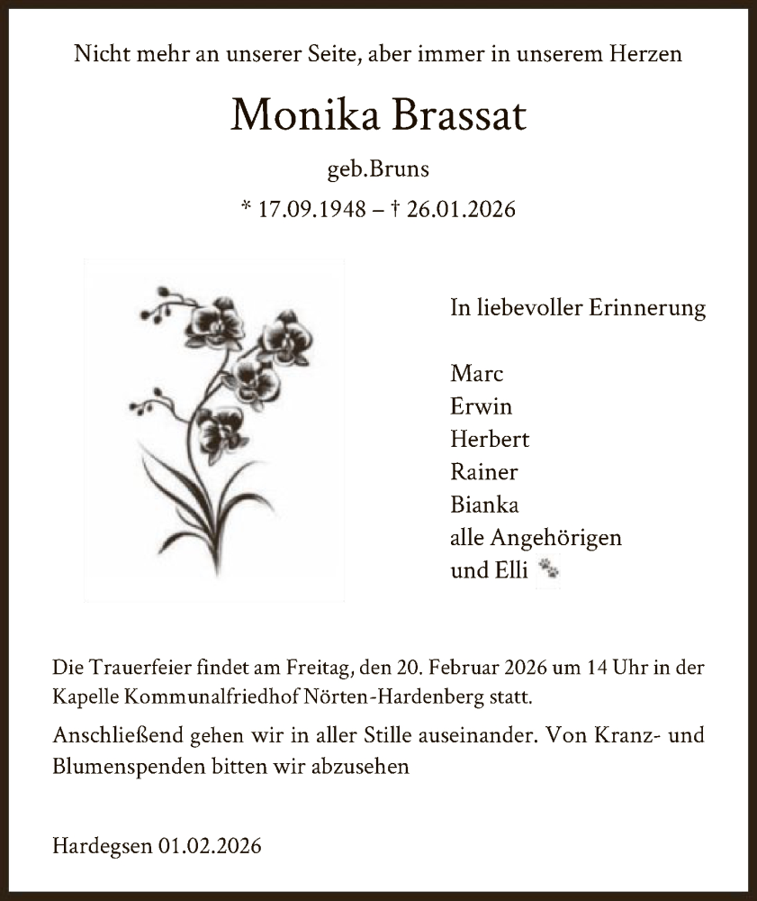 Traueranzeige für Monika Brassat vom 14.02.2026 aus HNA