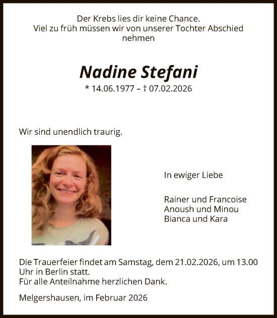 Traueranzeige von Nadine Stefani von HNA