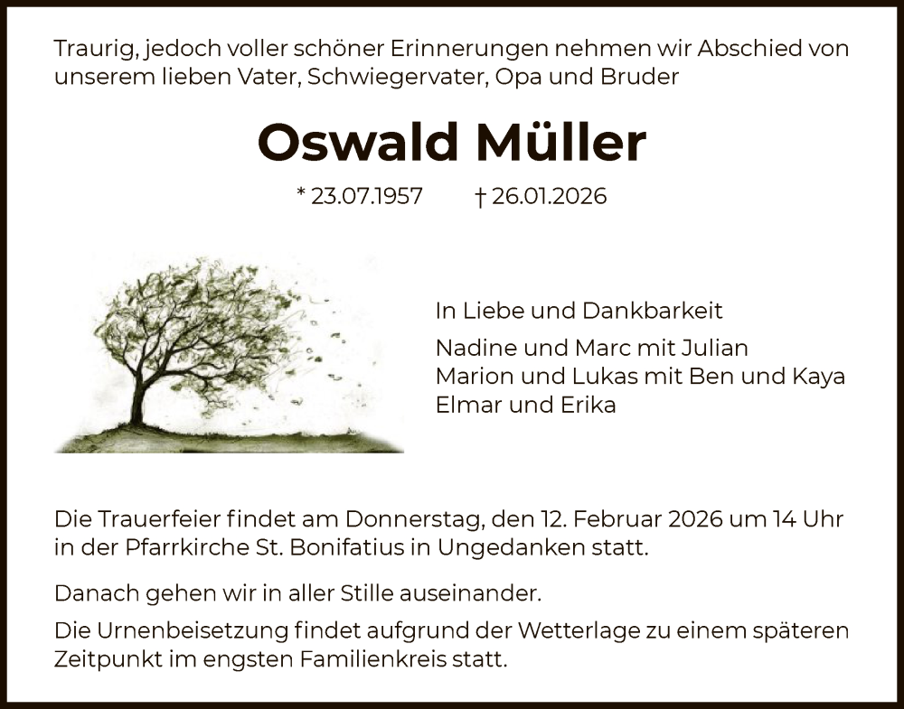  Traueranzeige für Oswald Müller vom 07.02.2026 aus HNA