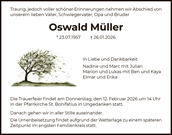 Traueranzeige von Oswald Müller von HNA