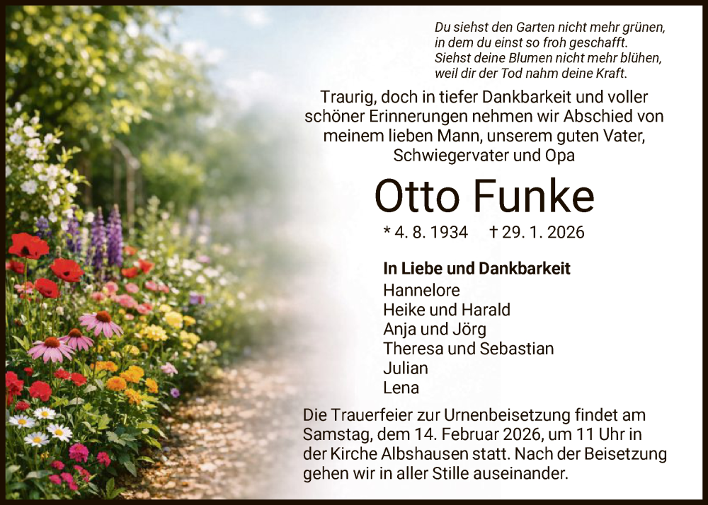  Traueranzeige für Otto Funke vom 07.02.2026 aus HNA