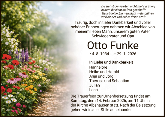 Traueranzeige von Otto Funke von HNA