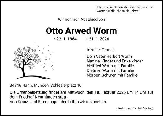 Traueranzeige von Otto Arwed Worm von HNA