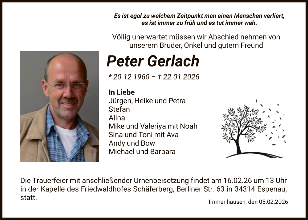  Traueranzeige für Peter Gerlach vom 07.02.2026 aus HNA