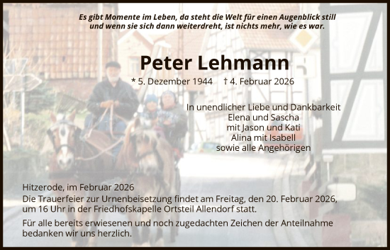 Traueranzeige von Peter Lehmann von WRSHNAWRSHNA