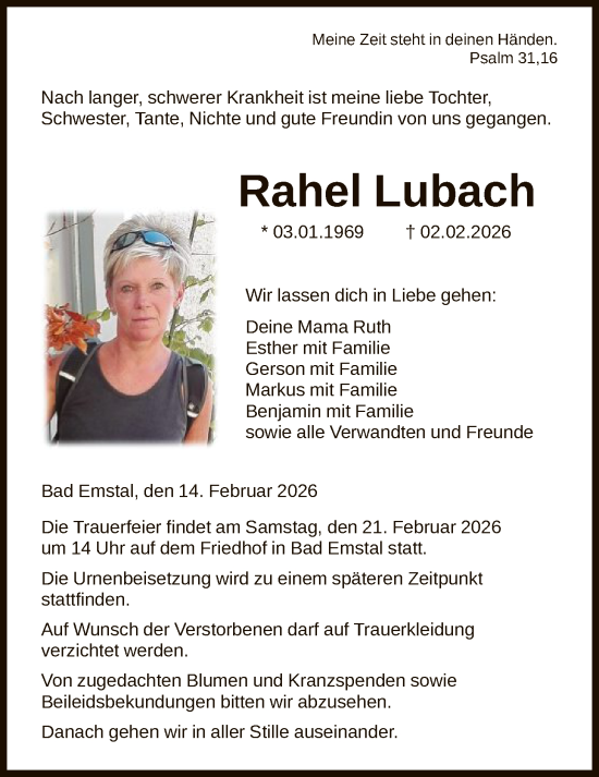 Traueranzeige von Rahel Lubach von HNA
