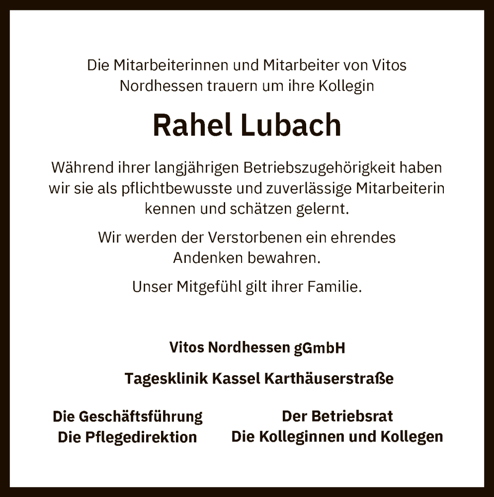  Traueranzeige für Rahel Lubach vom 09.02.2026 aus HNA