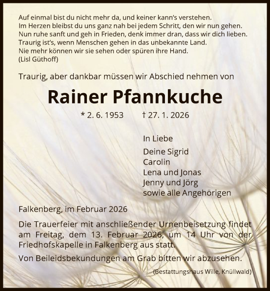 Traueranzeige von Rainer Pfannkuche von HNA