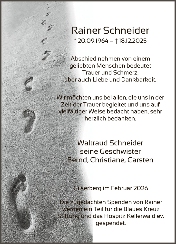  Traueranzeige für Rainer Schneider vom 07.02.2026 aus HNA