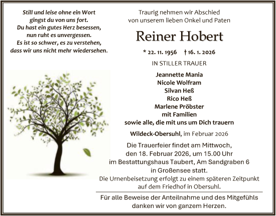 Traueranzeige von Reiner Hobert von HNA