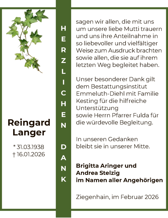 Traueranzeige von Reingard Langer von HNA
