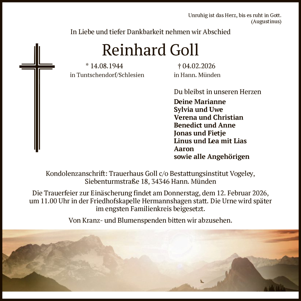  Traueranzeige für Reinhard Goll vom 07.02.2026 aus HNA