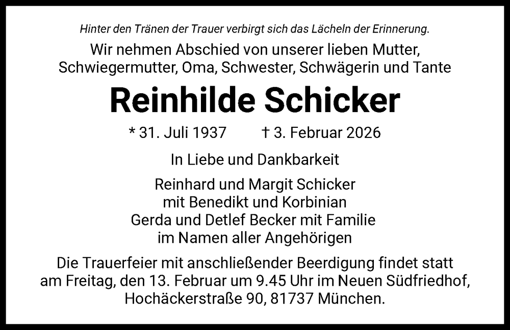  Traueranzeige für Reinhilde Schicker vom 07.02.2026 aus HNA