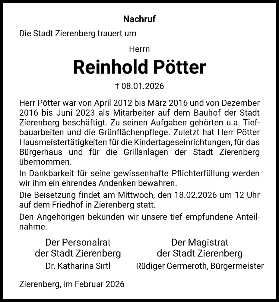  Traueranzeige für Reinhold Pötter vom 14.02.2026 aus HNA