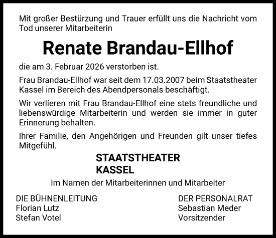Traueranzeige von Renate Brandau-Ellhof von HNA