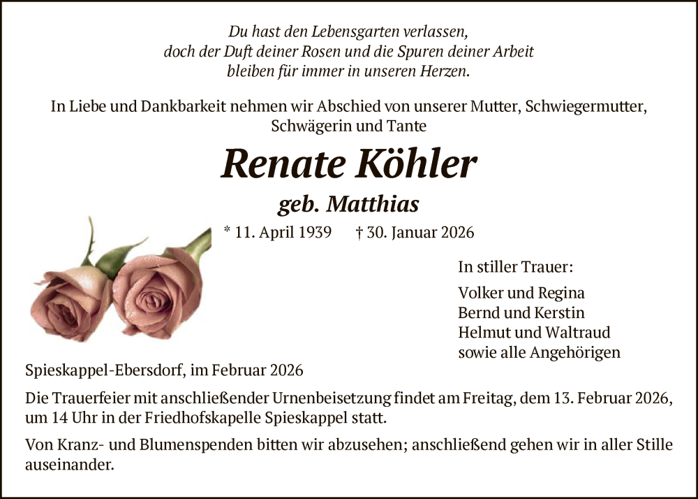 Traueranzeige für Renate Köhler vom 07.02.2026 aus HNAHNA
