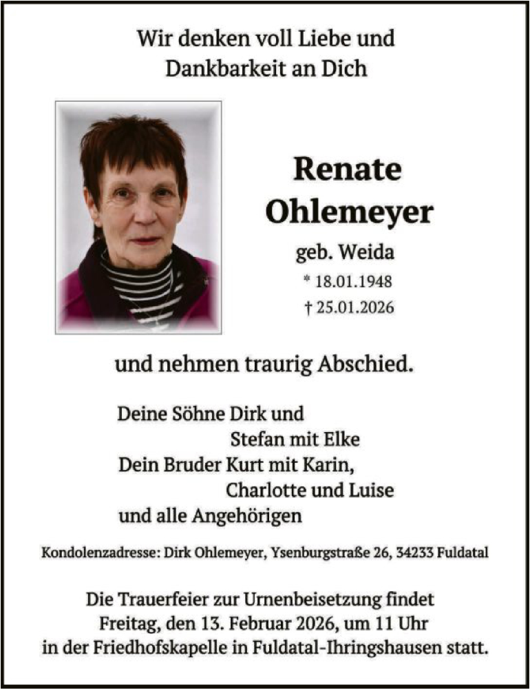  Traueranzeige für Renate Ohlemeyer vom 07.02.2026 aus HNA