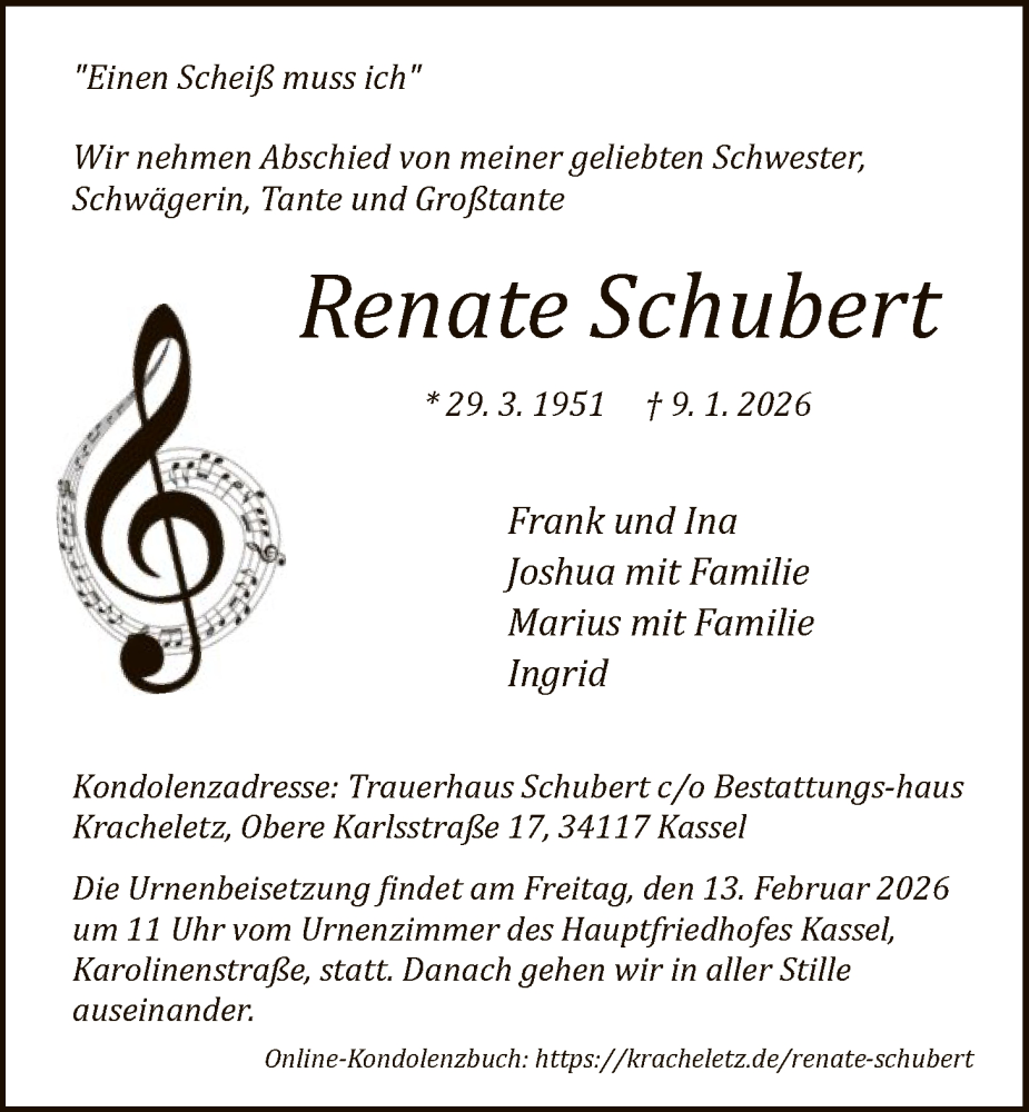  Traueranzeige für Renate Schubert vom 07.02.2026 aus HNA