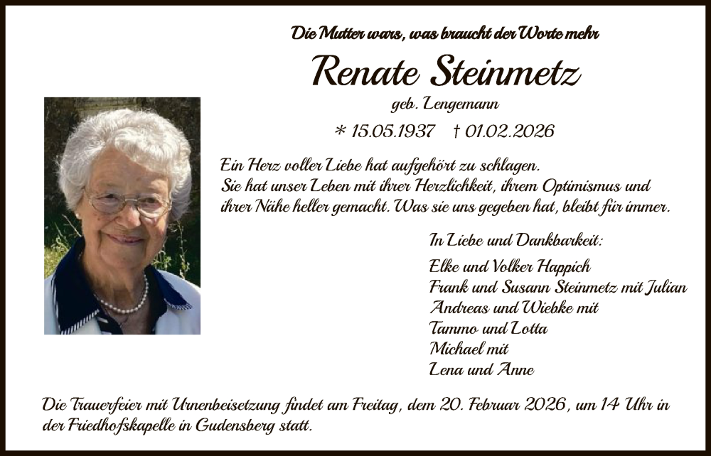  Traueranzeige für Renate Steinmetz vom 14.02.2026 aus HNA