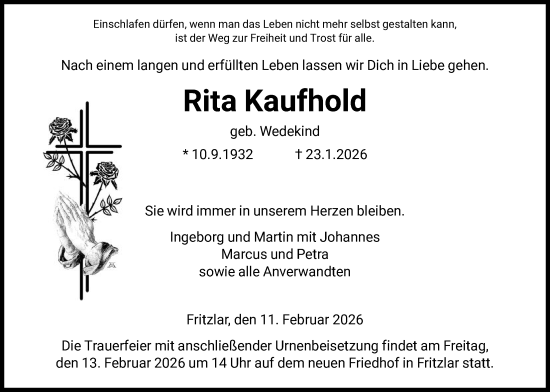 Traueranzeige von Rita Kaufhold von HNA