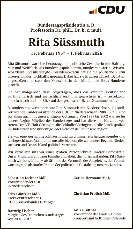 Traueranzeige von Rita Süssmuth von HNA