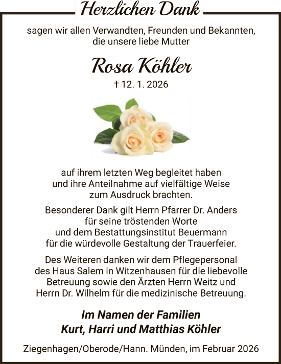 Traueranzeige von Rosa Köhler von HNAHNA