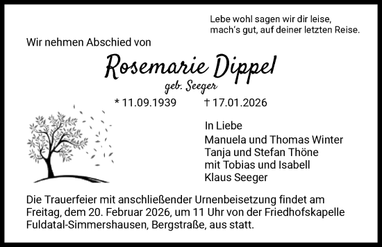 Traueranzeige von Rosemarie Dippel von HNA