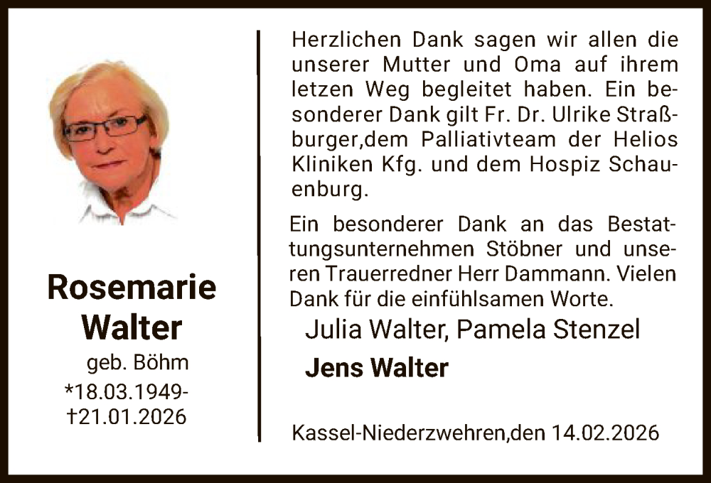  Traueranzeige für Rosemarie Walter vom 21.02.2026 aus HNA