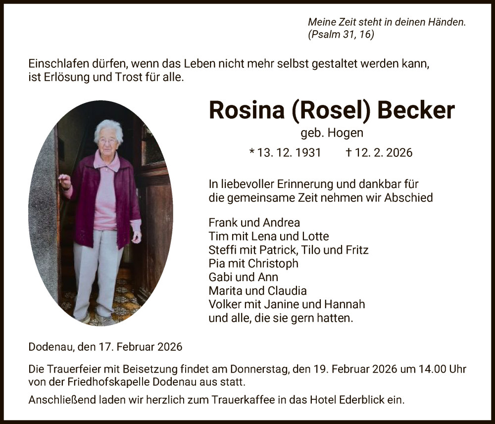  Traueranzeige für Rosina  Becker vom 17.02.2026 aus HNA