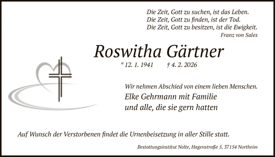 Traueranzeige von Roswitha Gärtner von HNA