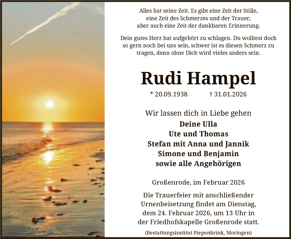  Traueranzeige für Rudi Hampel vom 14.02.2026 aus HNA