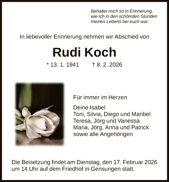 Traueranzeige von Rudi Koch von HNA